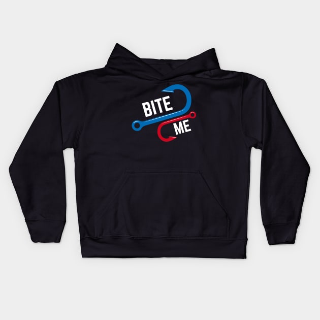 Bite Me Funny Fishing Hook Humor Retro Style Kids Hoodie by YourGoods